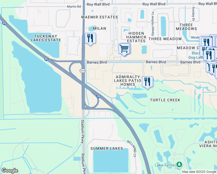 map of restaurants, bars, coffee shops, grocery stores, and more near 1393 Byrd Court in Rockledge