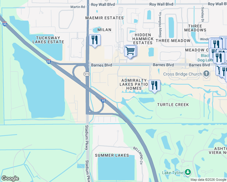 map of restaurants, bars, coffee shops, grocery stores, and more near 1393 Byrd Court in Rockledge