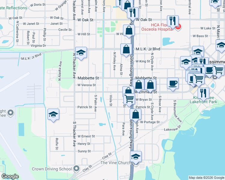 map of restaurants, bars, coffee shops, grocery stores, and more near 1419 West Emmett Street in Kissimmee