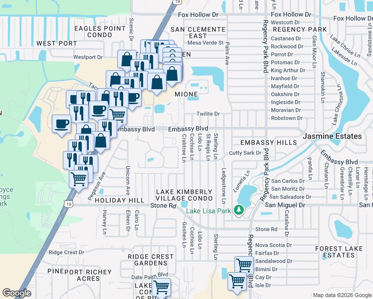 map of restaurants, bars, coffee shops, grocery stores, and more near 9224 Crabtree Lane in Port Richey