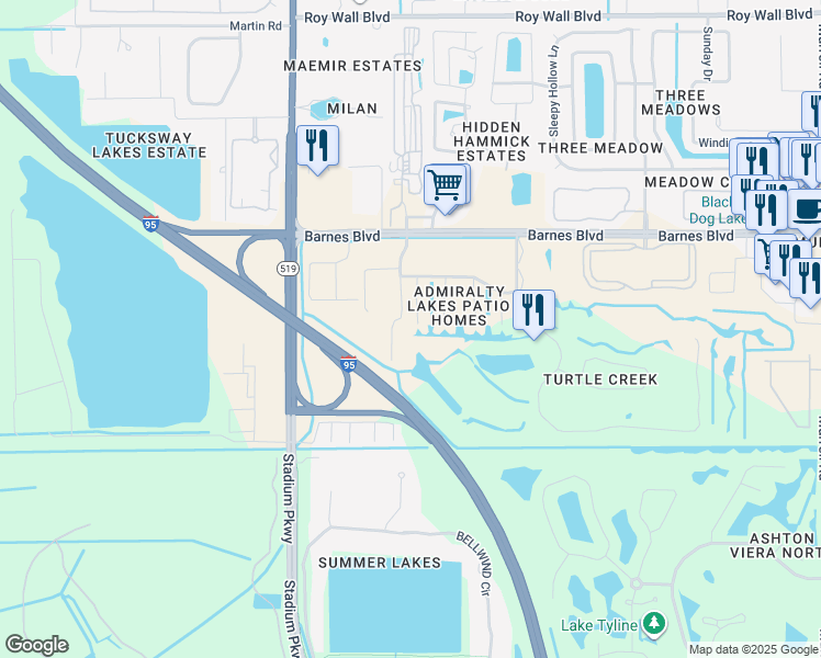 map of restaurants, bars, coffee shops, grocery stores, and more near 1393 Byrd Court in Rockledge