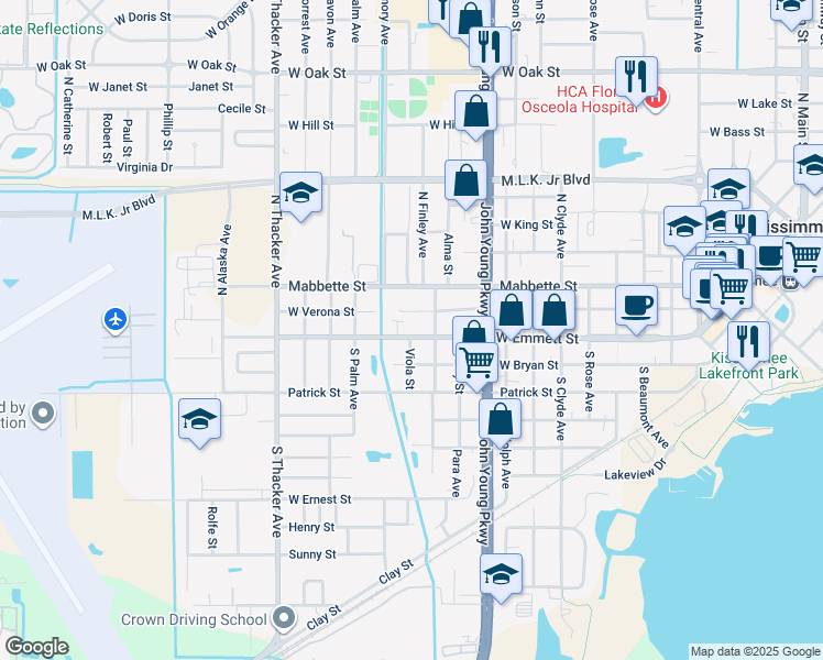 map of restaurants, bars, coffee shops, grocery stores, and more near 1423 West Emmett Street in Kissimmee