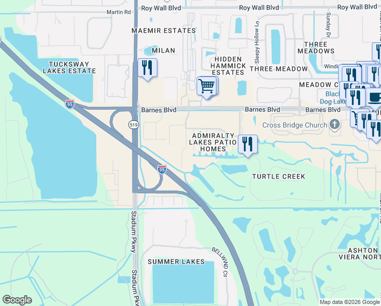 map of restaurants, bars, coffee shops, grocery stores, and more near 1396 Byrd Court in Rockledge