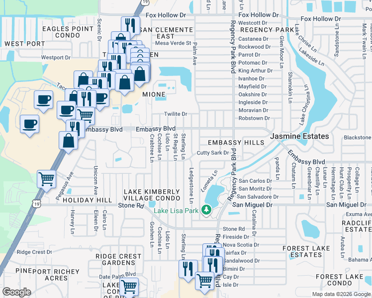 map of restaurants, bars, coffee shops, grocery stores, and more near 6931 Cutty Sark Drive in Port Richey