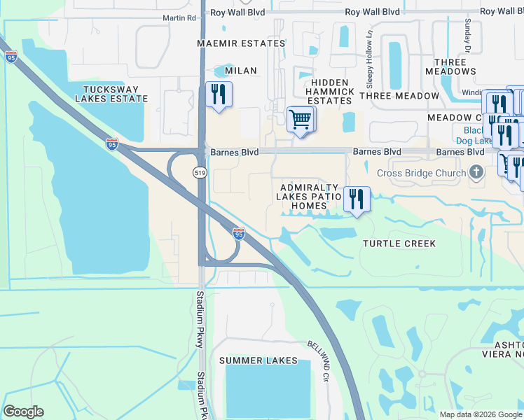 map of restaurants, bars, coffee shops, grocery stores, and more near 1393 Byrd Court in Rockledge