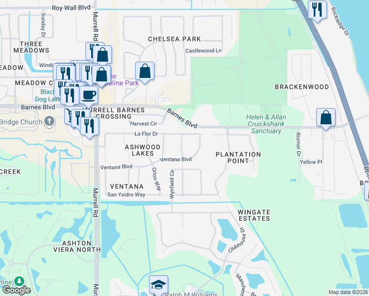 map of restaurants, bars, coffee shops, grocery stores, and more near 4275 Ventana Boulevard in Rockledge