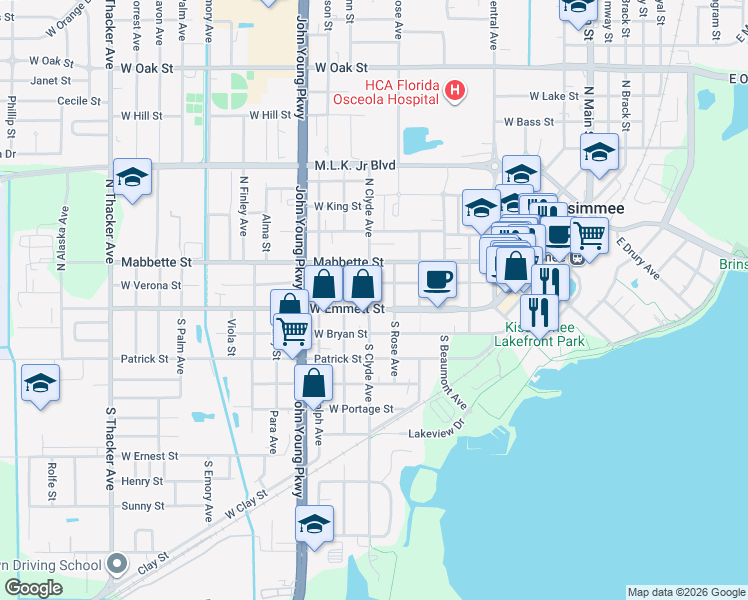 map of restaurants, bars, coffee shops, grocery stores, and more near 804 West Emmett Street in Kissimmee