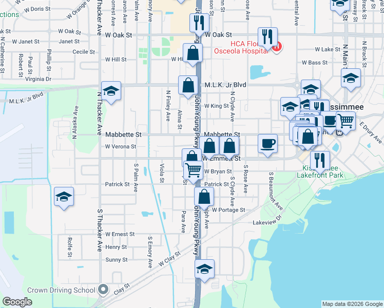 map of restaurants, bars, coffee shops, grocery stores, and more near 10 South John Young Parkway in Kissimmee