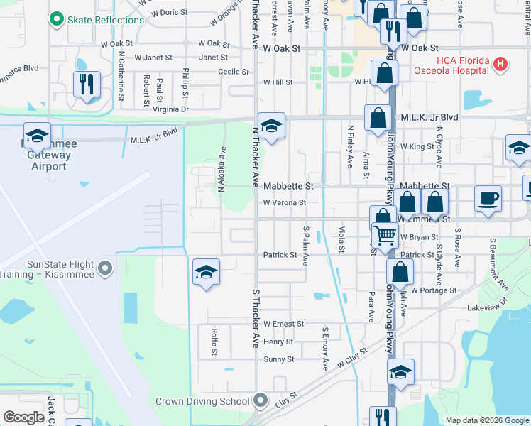 map of restaurants, bars, coffee shops, grocery stores, and more near 7 South Forrest Avenue in Kissimmee