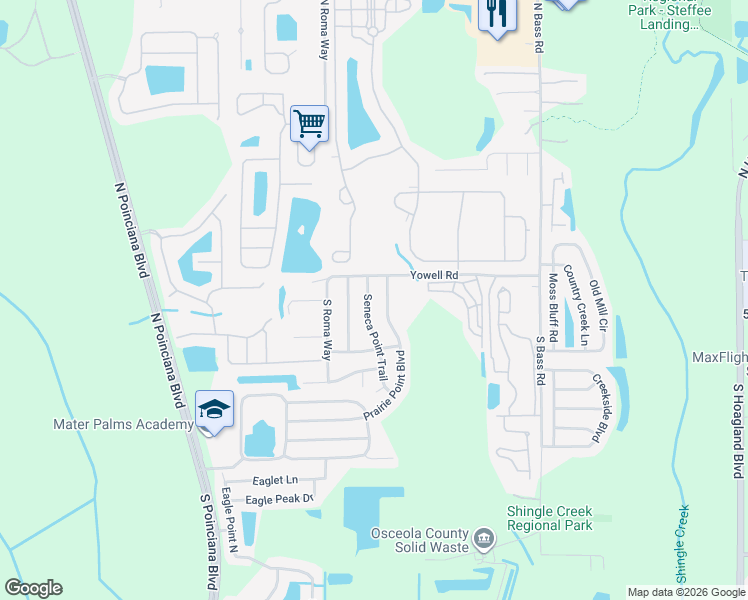 map of restaurants, bars, coffee shops, grocery stores, and more near 146 Seneca Point Trail in Kissimmee