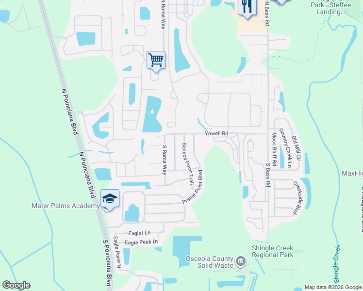 map of restaurants, bars, coffee shops, grocery stores, and more near 146 Seneca Point Trail in Kissimmee