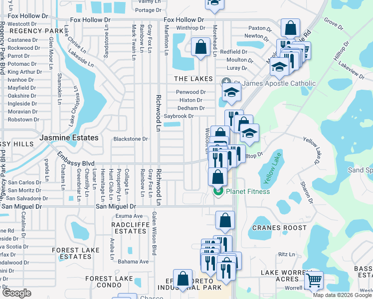 map of restaurants, bars, coffee shops, grocery stores, and more near 9230 Whitman Lane in Port Richey