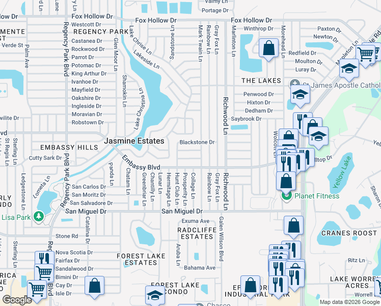 map of restaurants, bars, coffee shops, grocery stores, and more near 7800 Brookridge Drive in Port Richey