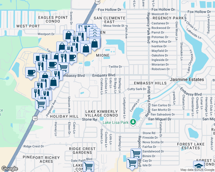 map of restaurants, bars, coffee shops, grocery stores, and more near 9224 Crabtree Lane in Port Richey