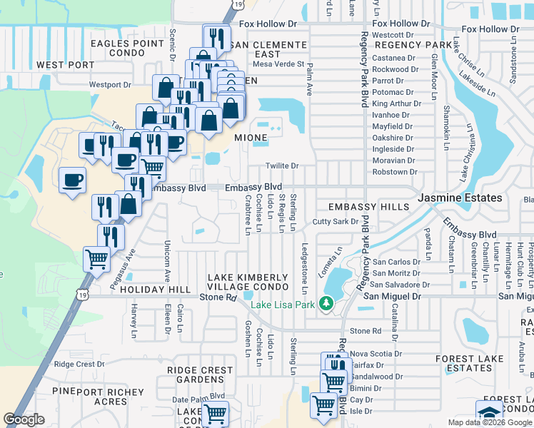 map of restaurants, bars, coffee shops, grocery stores, and more near 9225 Saint Regis Lane in Port Richey