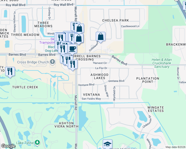 map of restaurants, bars, coffee shops, grocery stores, and more near 3919 Upmann Drive in Rockledge