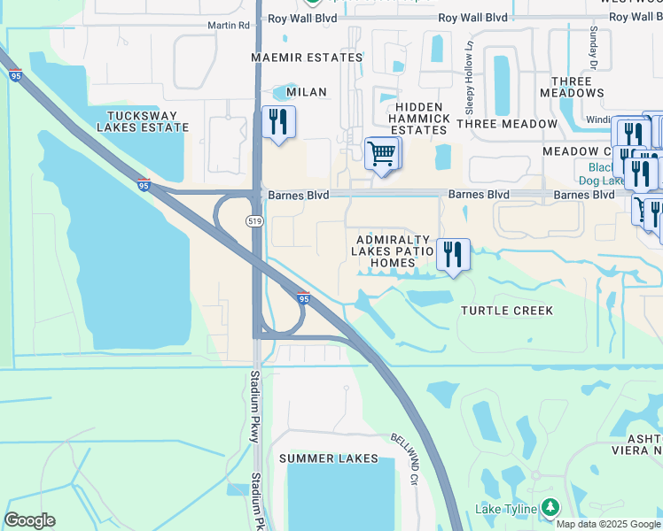 map of restaurants, bars, coffee shops, grocery stores, and more near 906 Ocaso Lane in Rockledge