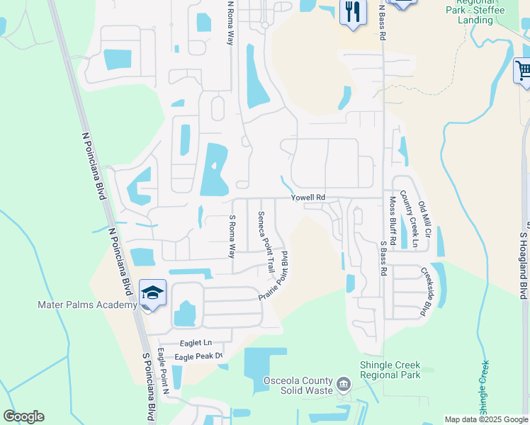 map of restaurants, bars, coffee shops, grocery stores, and more near 157 Seneca Point Trail in Kissimmee