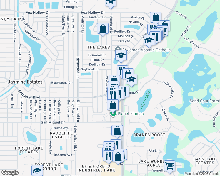 map of restaurants, bars, coffee shops, grocery stores, and more near Embassy Boulevard in Jasmine Estates