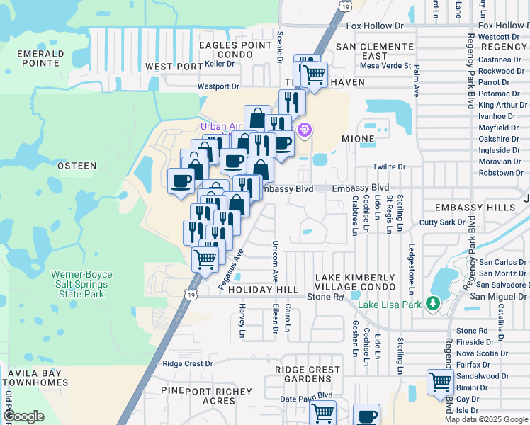 map of restaurants, bars, coffee shops, grocery stores, and more near 9306 Pegasus Avenue in Port Richey