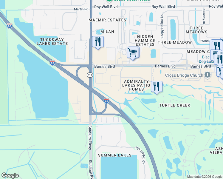 map of restaurants, bars, coffee shops, grocery stores, and more near 3900 Playa Del Sol Drive in Rockledge