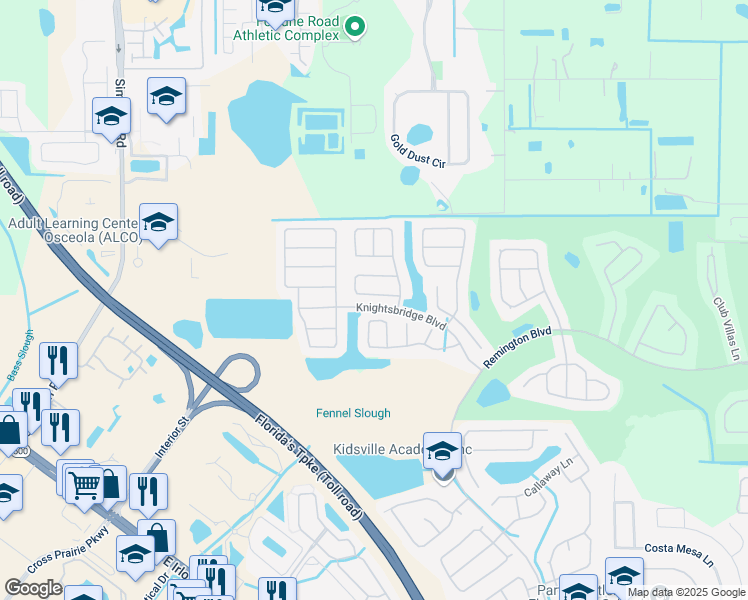 map of restaurants, bars, coffee shops, grocery stores, and more near 2510 Crown Ridge Circle in Kissimmee