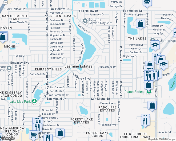 map of restaurants, bars, coffee shops, grocery stores, and more near 7624 Limington Drive in Port Richey