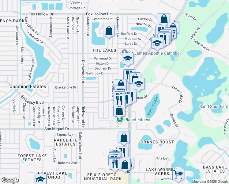 map of restaurants, bars, coffee shops, grocery stores, and more near 9331 Wolcott Lane in Port Richey