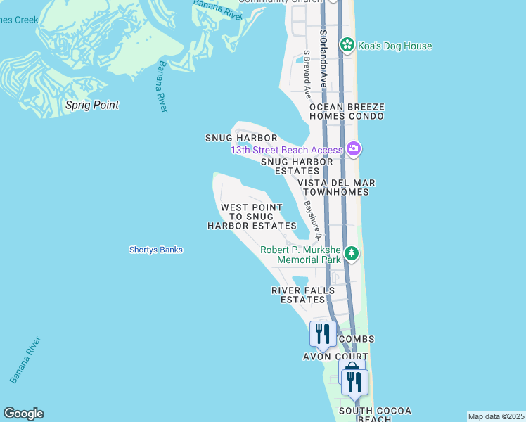 map of restaurants, bars, coffee shops, grocery stores, and more near 1742 Bayshore Drive in Cocoa Beach