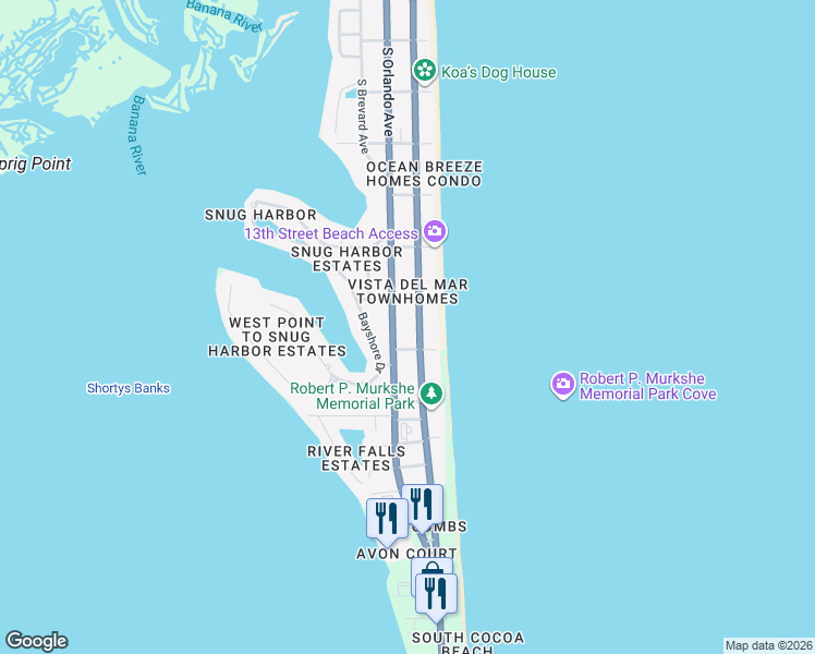 map of restaurants, bars, coffee shops, grocery stores, and more near 1420 South Atlantic Avenue in Cocoa Beach