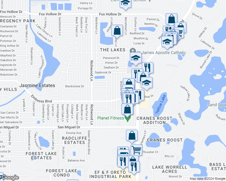 map of restaurants, bars, coffee shops, grocery stores, and more near 9308 Dresden Lane in Port Richey