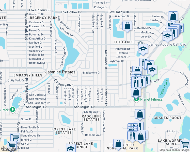 map of restaurants, bars, coffee shops, grocery stores, and more near 9331 Mark Twain Lane in Port Richey