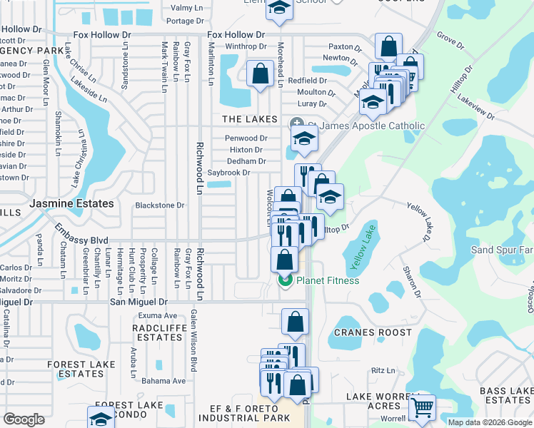 map of restaurants, bars, coffee shops, grocery stores, and more near 9331 Wolcott Lane in Port Richey