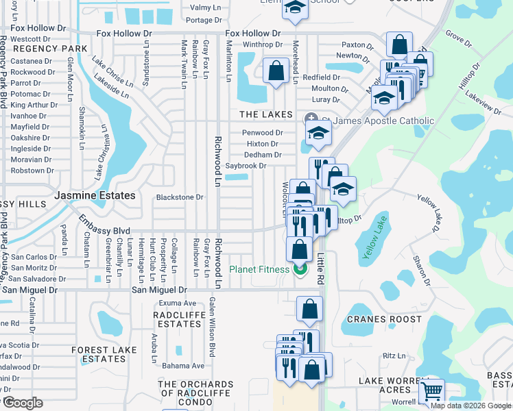 map of restaurants, bars, coffee shops, grocery stores, and more near 9330 Whitman Lane in Port Richey