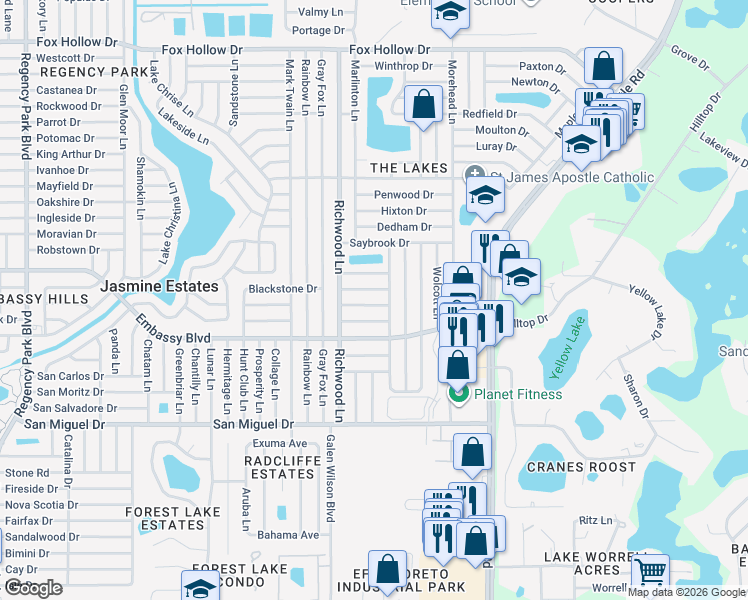map of restaurants, bars, coffee shops, grocery stores, and more near 8033 Norwich Drive in Port Richey