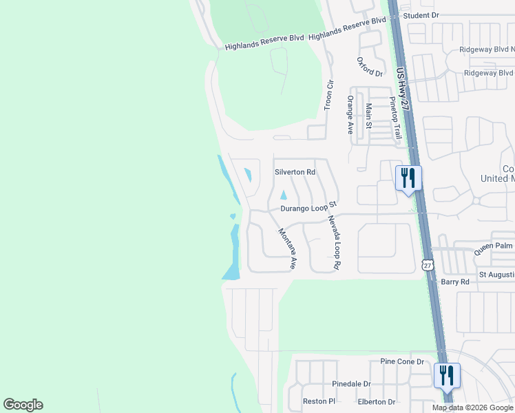 map of restaurants, bars, coffee shops, grocery stores, and more near 110 Durango Loop Street in Davenport