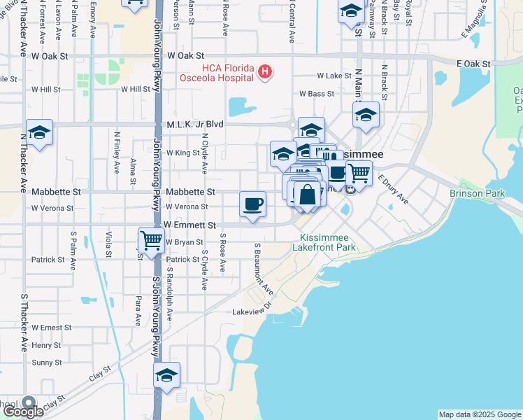 map of restaurants, bars, coffee shops, grocery stores, and more near 109 North Beaumont Avenue in Kissimmee