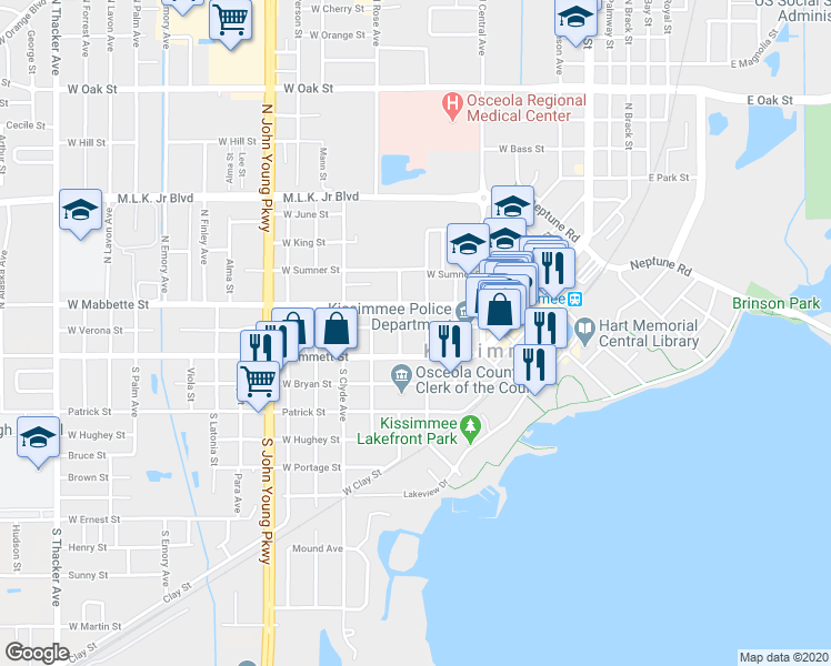 map of restaurants, bars, coffee shops, grocery stores, and more near 610 West Verona Street in Kissimmee