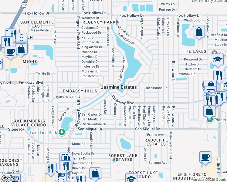 map of restaurants, bars, coffee shops, grocery stores, and more near 7505 Vienna Lane in Port Richey