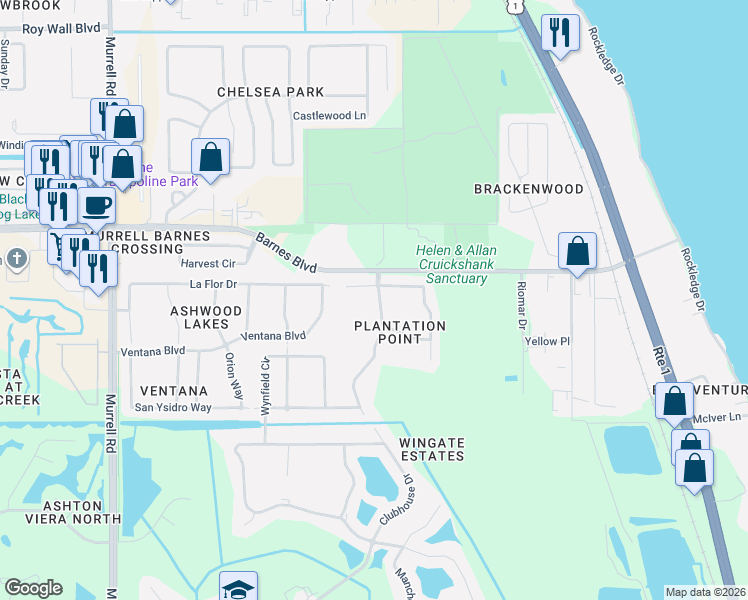 map of restaurants, bars, coffee shops, grocery stores, and more near 3815 Waterford Drive in Rockledge