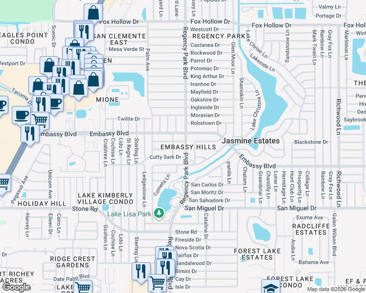 map of restaurants, bars, coffee shops, grocery stores, and more near 7135 Coral Reef Drive in Port Richey