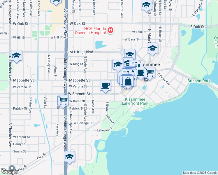 map of restaurants, bars, coffee shops, grocery stores, and more near 109 North Beaumont Avenue in Kissimmee