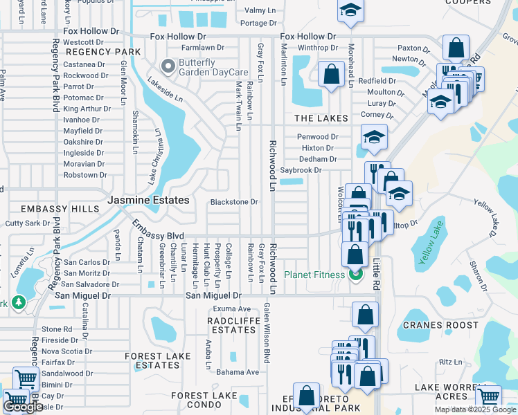 map of restaurants, bars, coffee shops, grocery stores, and more near 9315 Gray Fox Lane in Port Richey