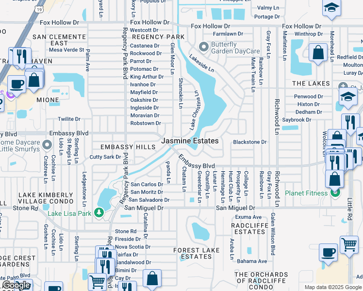 map of restaurants, bars, coffee shops, grocery stores, and more near 7505 Vienna Lane in Port Richey