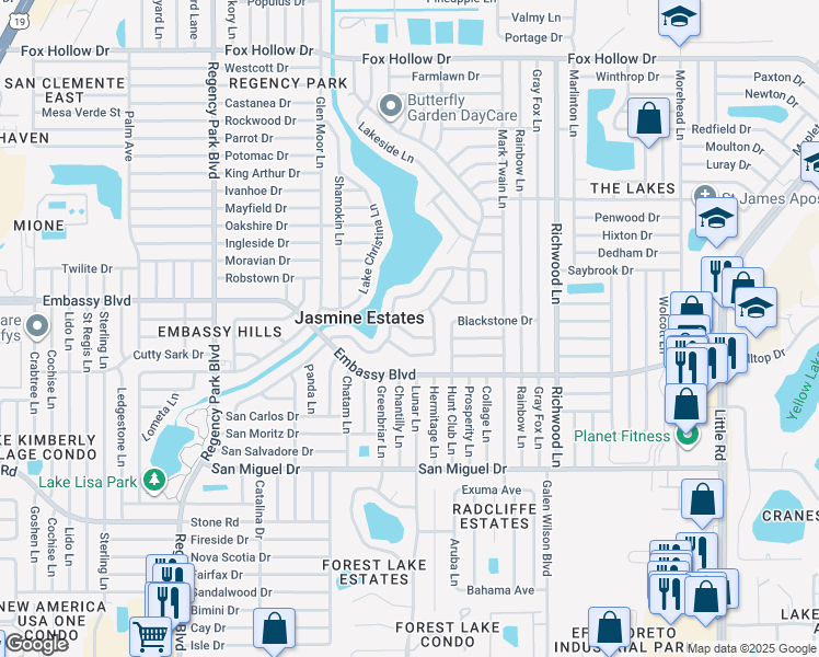 map of restaurants, bars, coffee shops, grocery stores, and more near 7627 Limington Drive in Port Richey