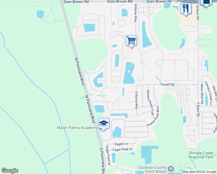 map of restaurants, bars, coffee shops, grocery stores, and more near 171 Pompano Beach Drive in Kissimmee