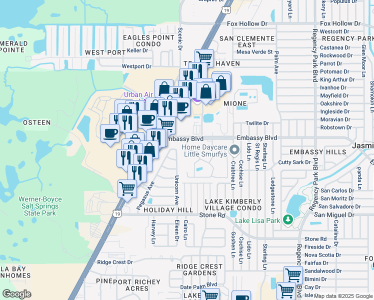 map of restaurants, bars, coffee shops, grocery stores, and more near 6506 Embassy Boulevard in Port Richey