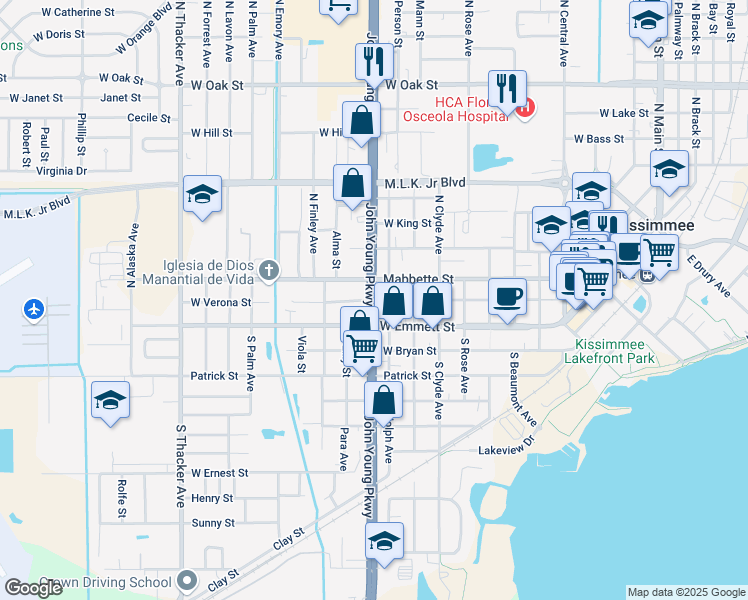 map of restaurants, bars, coffee shops, grocery stores, and more near 101 North John Young Parkway in Kissimmee