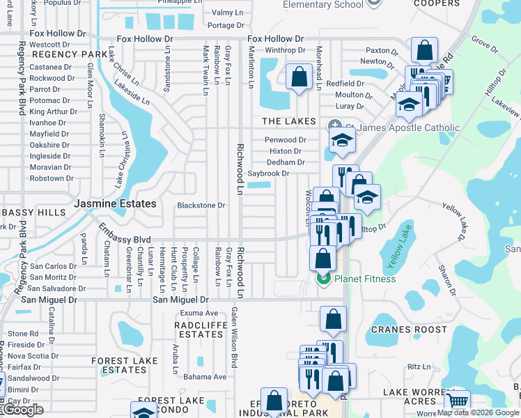 map of restaurants, bars, coffee shops, grocery stores, and more near 8033 Norwich Drive in Port Richey
