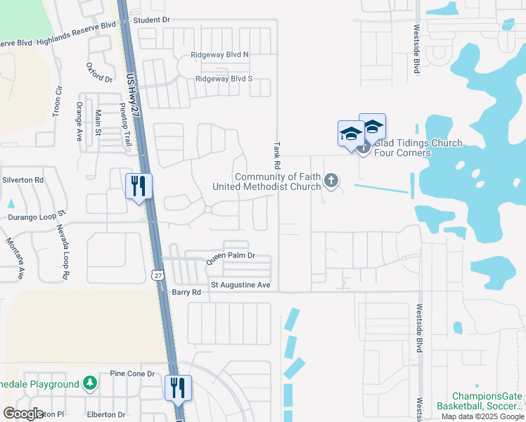 map of restaurants, bars, coffee shops, grocery stores, and more near 124 Castlemain Circle in Davenport